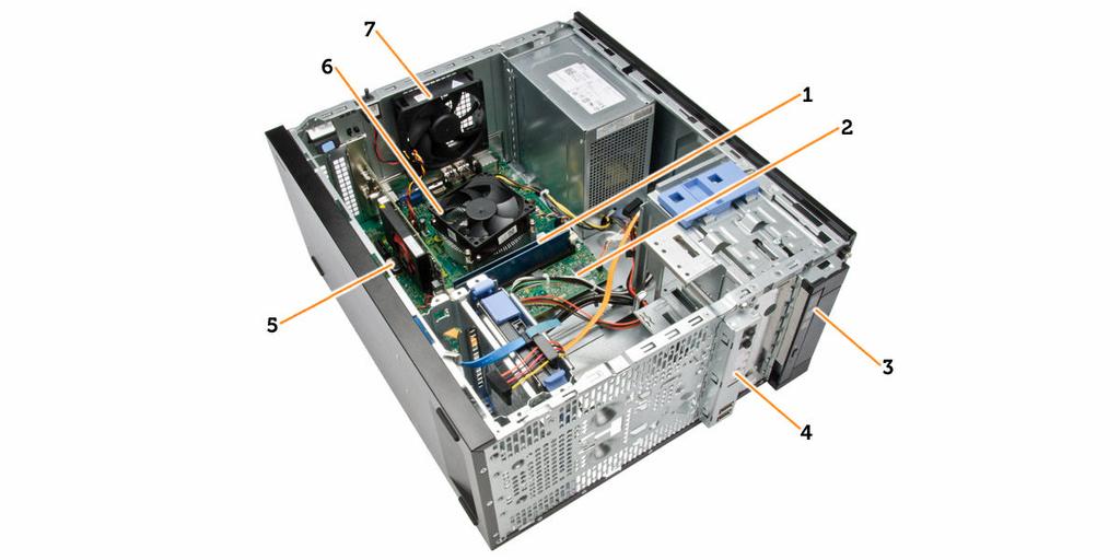 4. virtalähde 5. etukehys 6. kaiutin 1. muistimoduuli 2. emolevy 3. optinen asema 4. I/O-etupaneeli 5. nappiparisto 6. suorittimen jäähdytin 7.