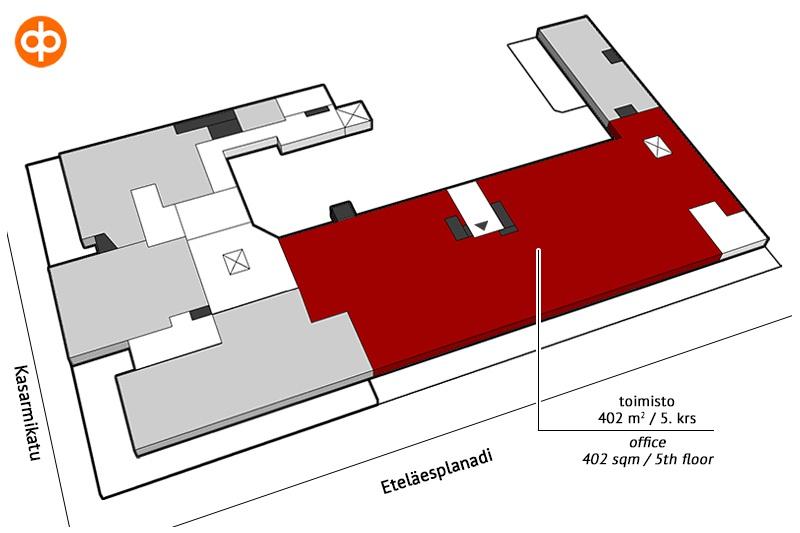 Vuokrattavat toimitilat Toimisto 402 m² / 4-5 krs Helsingin ydinkeskustassa vuokrattavissa toimistotila, jossa on perinteisiä toimistohuoneita sekä neuvottelutiloja. 5.