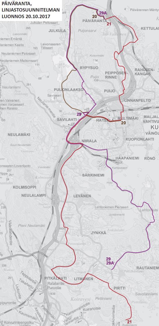 KUOPION LINJASTOSUUNNITELMA ALUEITTAIN Päiväranta Linjakartta ja suunnitellut vuorovälit linja reitti ruuhka, noin klo 7 9 ja 14-17 päivä, M-P ilta, M-P la, päivä su ja hiljainen aika kaikkina