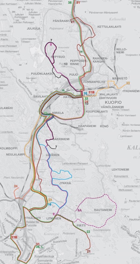 KUOPION LINJASTOSUUNNITELMA ALUEITTAIN Rauhalahti, Petonen ja Matkus Linjakartta ja suunnitellut vuorovälit linja reitti ruuhka, noin klo 7 9 ja 14-17 päivä, M-P ilta, M-P la, päivä su ja hiljainen