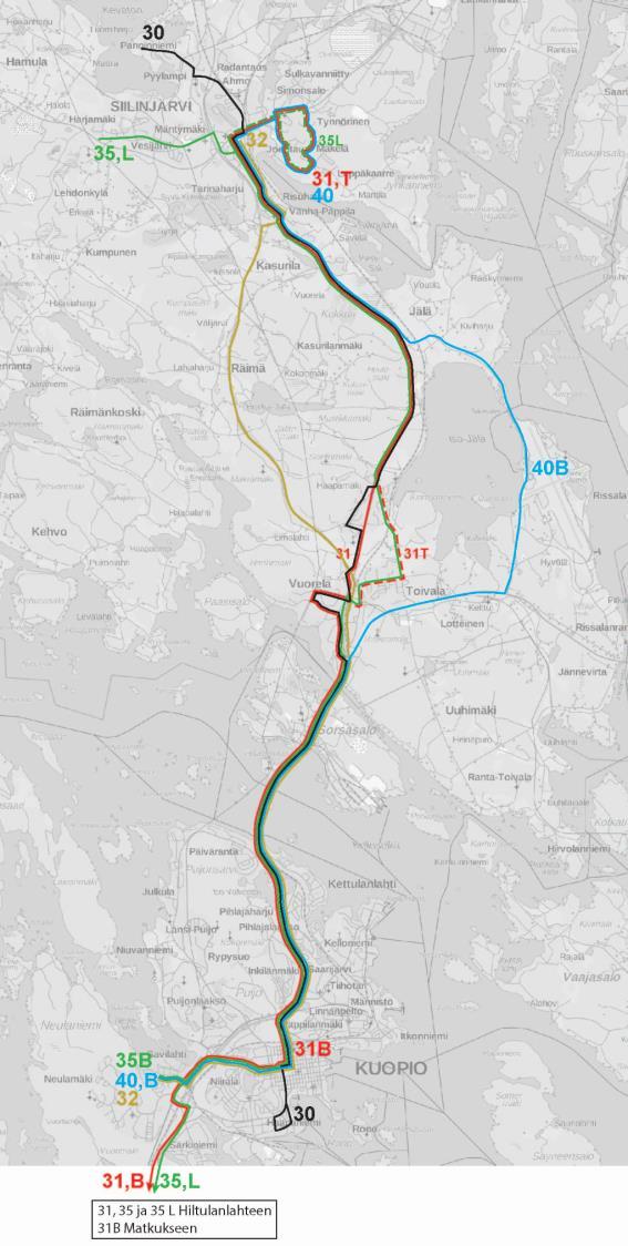 KUOPION LINJASTOSUUNNITELMA ALUEITTAIN Siilinjärvi Linjakartta ja suunnitellut vuorovälit linja reitti ruuhka, noin klo 7 9 ja 14-17 päivä, M-P ilta, M-P la, päivä su ja hiljainen aika kaikkina