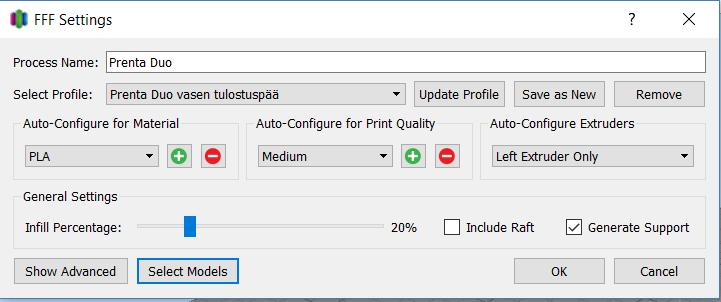 3.4. Tulostusasetukset Edit Process Settings painike avaa tulostusasetukset. Tietokoneessa on valmiit asetukset yhdellä ja kahdella suuttimella tulostamiseen.