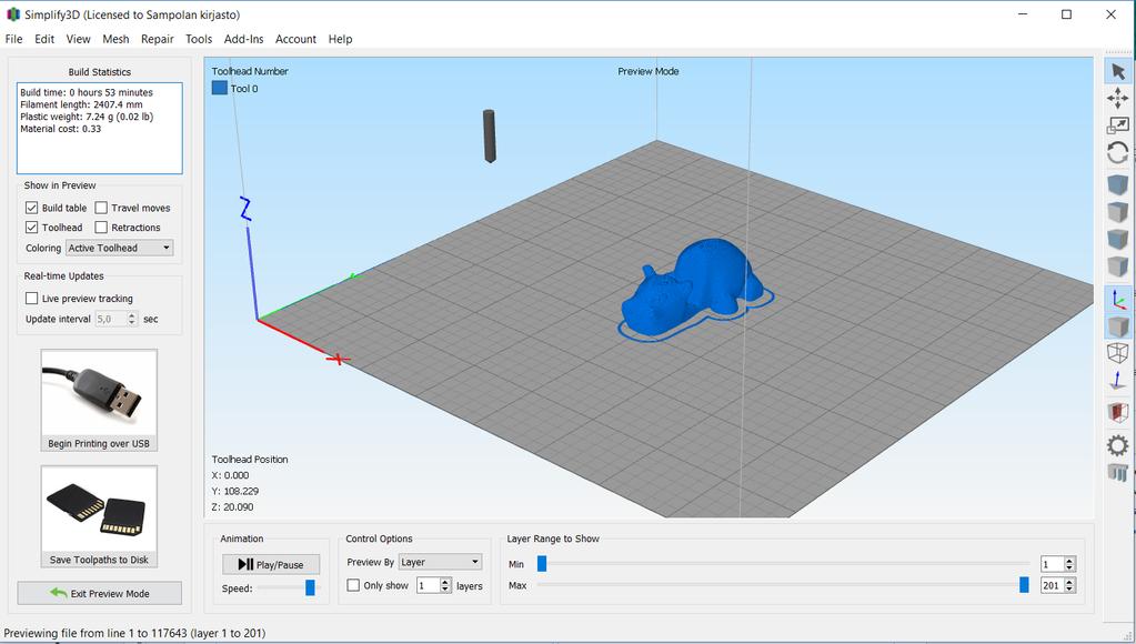 3.5. Tulostamisen valmistelu Kun malli näyttää mieleiseltä Simplify 3D:ssä, voit valmistella sen tulostusta varten painamalla Prepair to print! - painiketta.