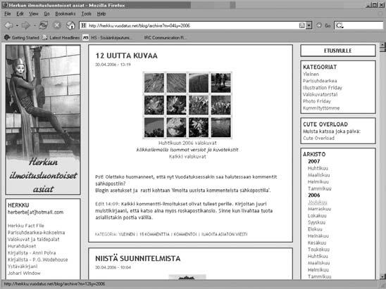 Kuvakaappaus Herkun ilmoitusluontoiset asiat -blogista huhtikuussa 2006. Merkinnät ovat keskellä, vasemmalla ylhäällä banneri eli otsikkolaatikko, ja sen alapuolella lista blogin oheissivuista.