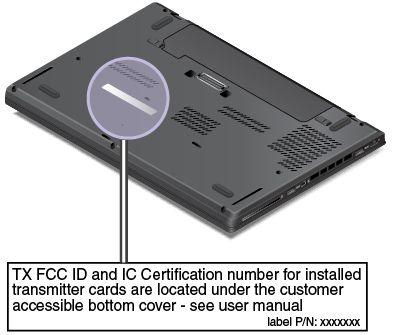 FCC- ja IC-laitehyväksyntämerkintä on kiinnitetty tietokoneen verkkokorttipaikassa olevaan WWAN- 1 ja WLAN-korttiin 2.