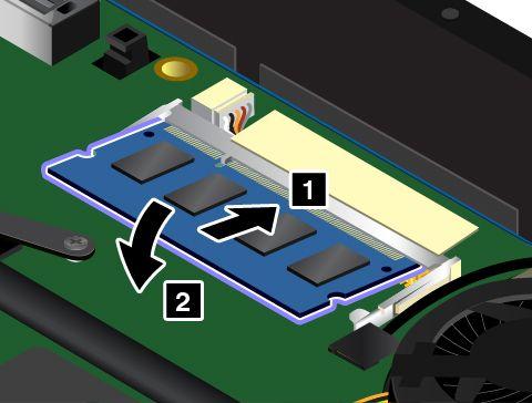 6. Aseta uusi muistimoduuli 1 lovettu pää edellä muistipaikkaan noin 20 asteen kulmassa. Käännä muistimoduulia alaspäin, kunnes se napsahtaa paikalleen 2.