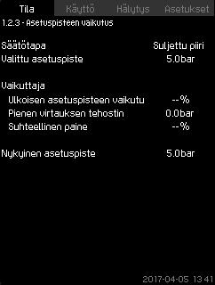 8.4.4 Asetuspiste (1.2.2) 8.4.6 Mitatut arvot (1.2.4) Suomi (FI) Kuva 14 Asetuspiste Kuva 16 Mitatut arvot Tältä näytöltä näet valitun asetuspisteen ja onko se asetettu CU 352:n vai ulkoisen väylän kautta.