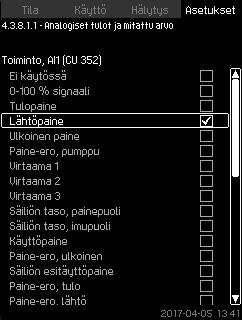 Näytöiltä voi asettaa seuraavat parametrit: Ei käytössä Tulosignaalialue, 0-20 ma, 4-20 ma, 0-10 V Mitatun tulon arvo Anturin alue.