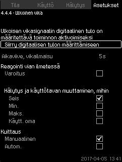 8.7.54 Maks. paine (4.4.3) 8.7.55 Ulkoinen vika (4.4.4) Suomi (FI) Kuva 108 Maks. paine Lähtöpainetta valvotaan paineenkorotusjärjestelmissä.