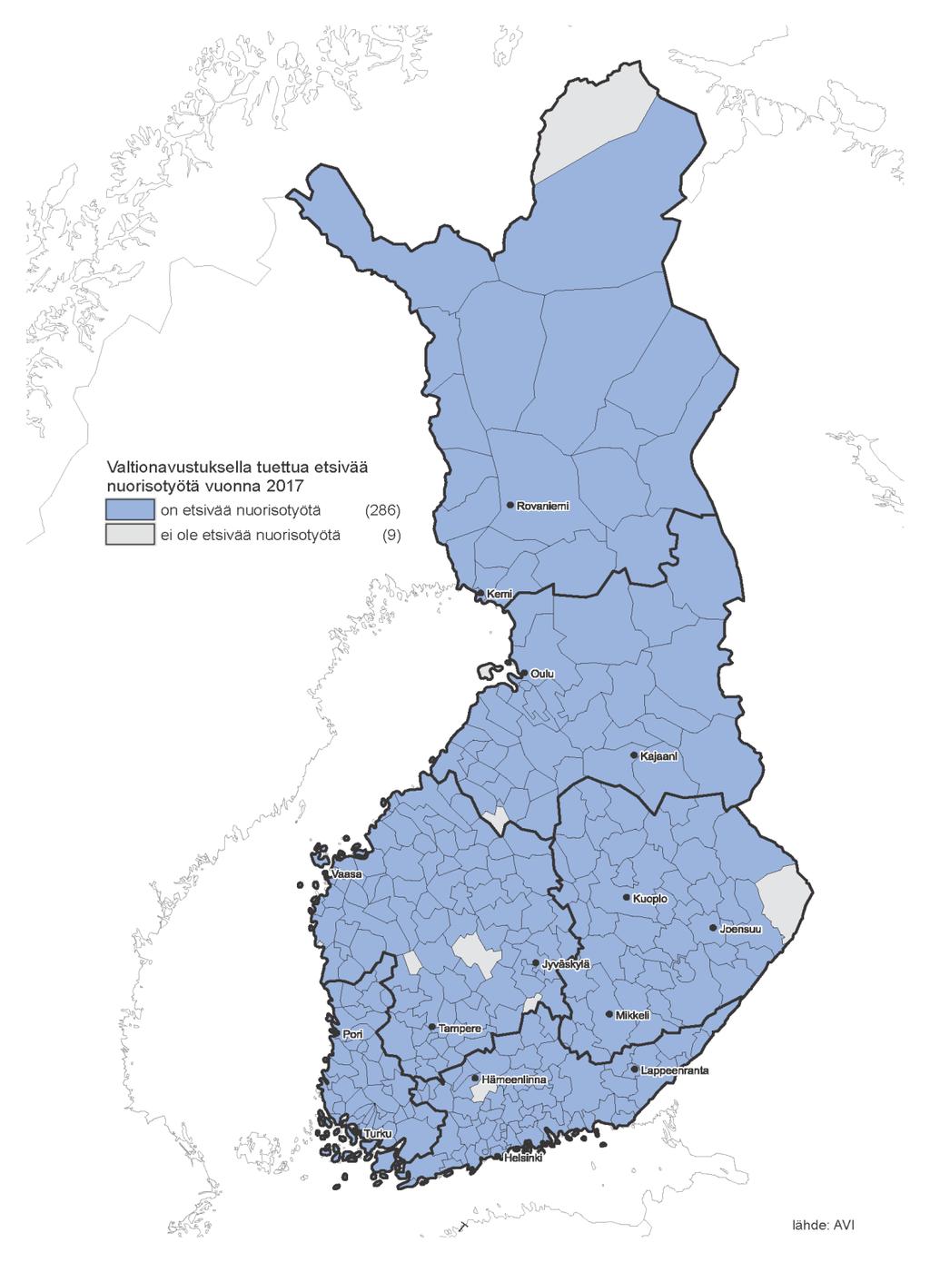 Valtionavustuksella tuettua etsivää nuorisotyötä vuonna 2017: sininen väri: on