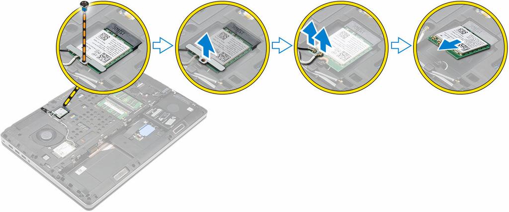 a. akkutilan kansi b. akku c. rungon suojus 3. Poista WLAN-kortti tietokoneesta seuraavasti: a. Irrota ruuvi, jolla WLAN-kortti on kiinnitetty tietokoneeseen. b. Irrota suojukset, joilla antennikaapelit on kiinnitetty.