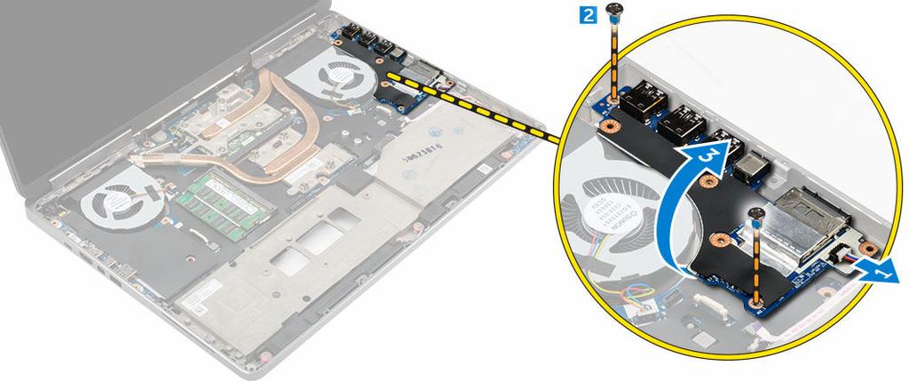 I/O-kortin asentaminen (oikea) 1. Liitä I/O-levyn liitin ja liu'uta I/O-levy paikalleen tietokoneeseen. 2. Kiristä ruuvit, joilla I/O-kortti kiinnittyy tietokoneeseen. 3.