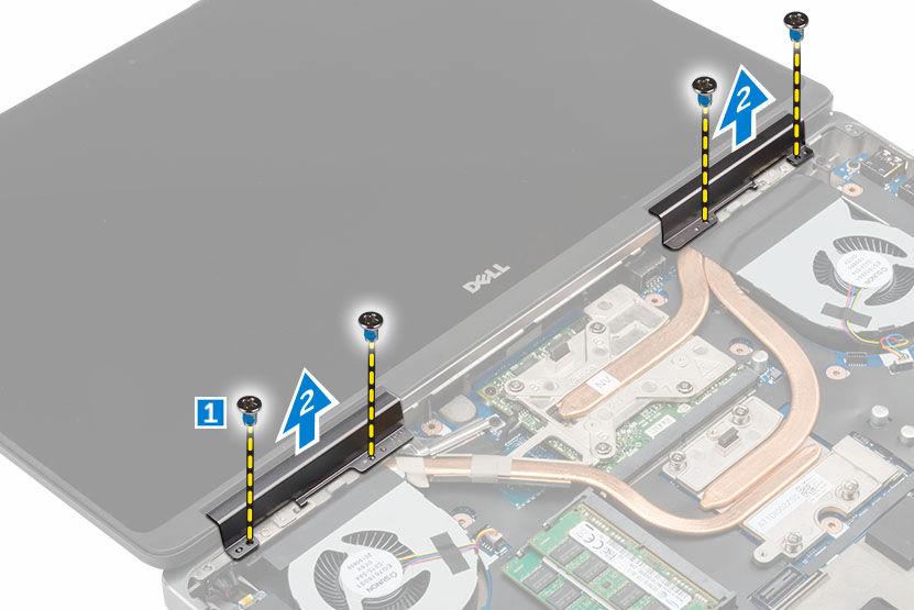 4. Suorita seuraavat vaiheet kuvan mukaisesti: a. Käännä tietokone ylösalaisin ja irrota ruuvit tietokoneen ala- ja takaosasta [1]. b. Vedä antennikaapelit reititysaukon läpi [2]. 5.