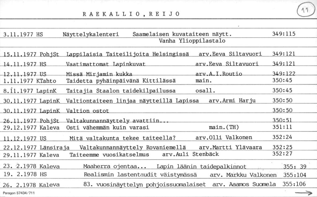 RAEKALLIO, REIJO 11 3.11.1977 HS Näyttelykalenteri Saamelaisen kuvataiteen näytt. 349 Vanha Ylioppilastalo 115 5.11.1977 PohjSt alaisia Taiteilijoita Helsingissä arv.eeva Siltavuori 349 121 arv. A. I.