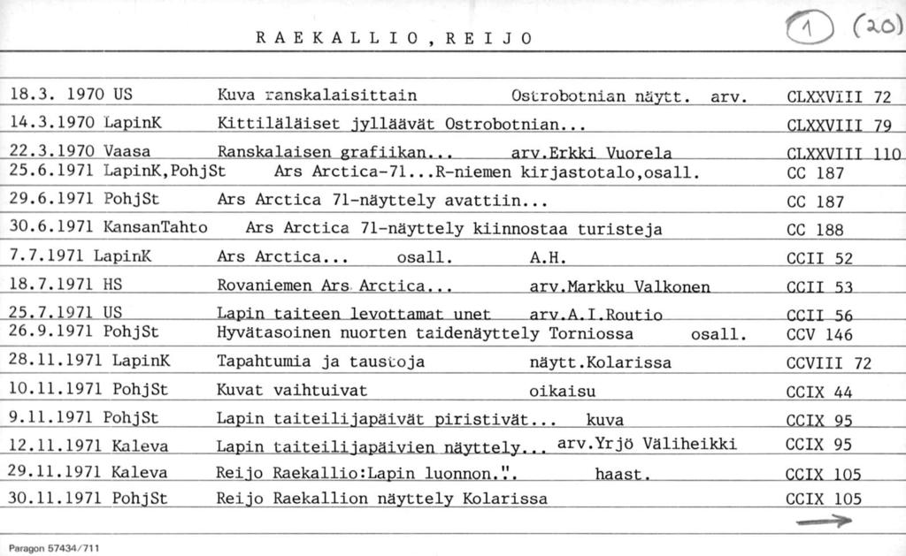 RAEKALLIO, REIJO (** 18.3. 1970 US Kuva ranskalaisittain Ostrobotnian naytt. arv. 14.3.1970 LapinK Kittiläläiset jylläävät Ostrobotnian 22.3.1970 Vaasa Ranskalaisen grafiikan arv.erkki Vnorel 25.6.