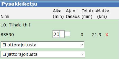 Ohje 10 (19) 2.2.3 Yksittäisten pysäkkien ominaisuustietojen muuttaminen Reitittämisen jälkeen Pysäkkiketju-ikkunassa on mahdollista muokata ajo- ja odotusaikoja pysäkeillä klikkaamalla ko.