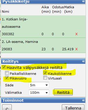 Ohje 9 (19) 2.2.2 Pysäkkien haavittaminen Reitin pysäkkiketjun täydentäminen on mahdollista lisäämällä kaikki pysäkit käsin klikkaamalla listaan tai "haavittamalla" reitin välipysäkkejä automaattisesti.