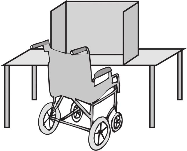 19 Pyörätuolia käyttäviä varten tulisi myös olla sellainen äänestyskoppi, johon pyörätuoli mahtuu tai irrallinen kirjoitusalusta varustettuna suojuksella, jonka turvin äänestäjä voi muiden katseilta