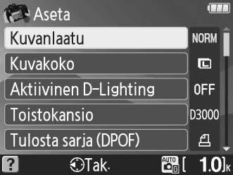 Aseta: Kameran asetusten muuttaminen opastilassa Valitsemalla Aseta voit alustaa muistikortteja ja muuttaa kameran asetuksia.