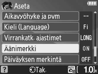 Näkyviin tulevat seuraavat vaihtoehdot: Muissa kohdissa kuin Toistokansio, Tulosta sarja (DPOF), Alusta muistikortti, Videotila, Aikavyöhyke ja pvm, Kieli (Language), Ei muistikorttia?