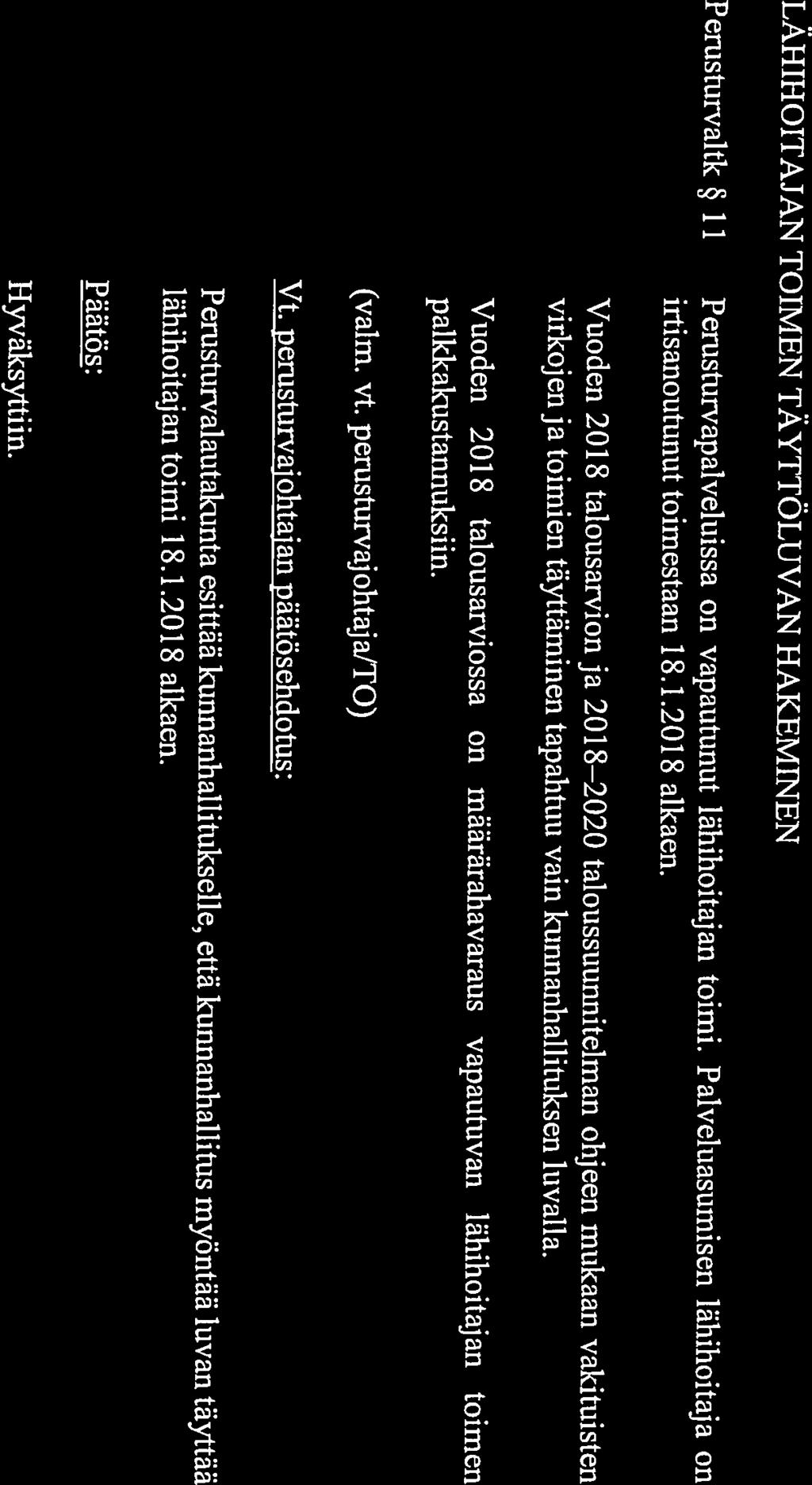 LÄHIHOITAJAN TOIMEN TÄYTTÖLUVAN HAKEMfNEN Perusturvaltk 11 Perusturvapalveluissa on vapautunut lähihoitajan toimi. Palveluasurnisen lähihoitaja on irtisanoutunut toimestaan 18.1.2018 alkaen.