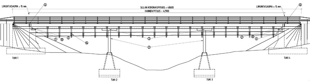 47 ovat 12,80 m + 16,00 m + 12,80 m. Laatan paksuus poikkileikkauksessa vaihtelee välillä 571 660 mm. Silta on suunniteltu vuonna 1960 kuormitukselle AI ja sen välitukia on vahvistettu vuonna 2014.