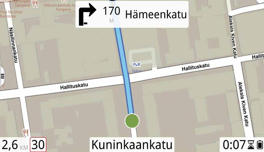 ROUTE NAVIGATE Yksinkertaisuus on valttia Route Navigatessa, joka ei täytä näyttöä häiritsevillä ele menteillä.