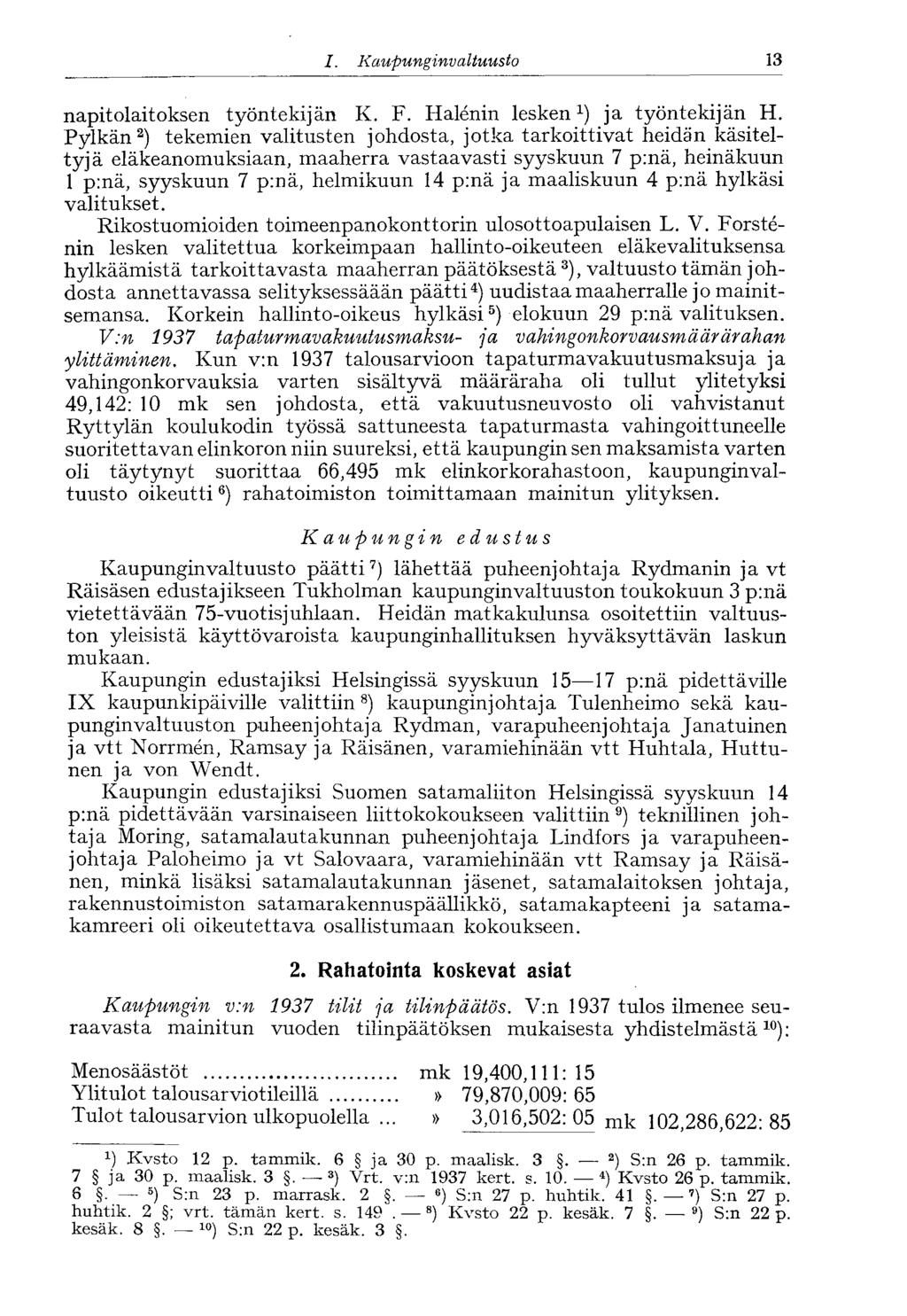 /., Kaupunginvaltuusto 13 napitolaitoksen työntekijän K. F. Halenin lesken 1 ) ja työntekijän H.