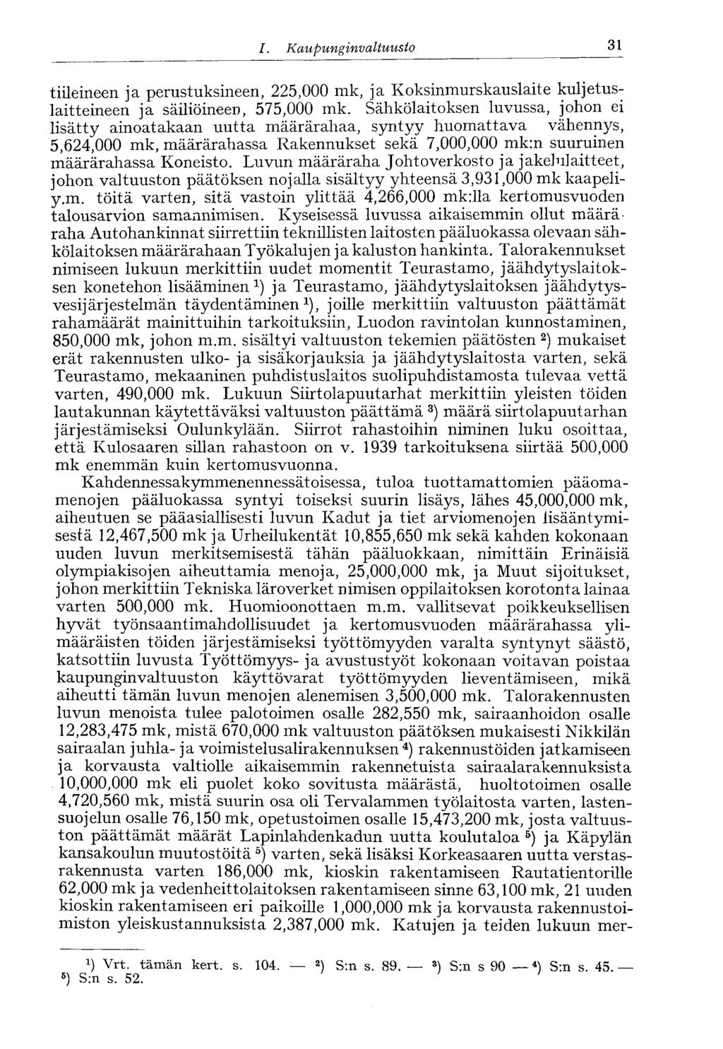 /., Kaupunginvaltuusto 31 tiileineen ja perustuksilleen, 225,000 mk, ja Koksinmurskauslaite kuljetuslaitteiden ja säiliöineen, 575,000 mk.