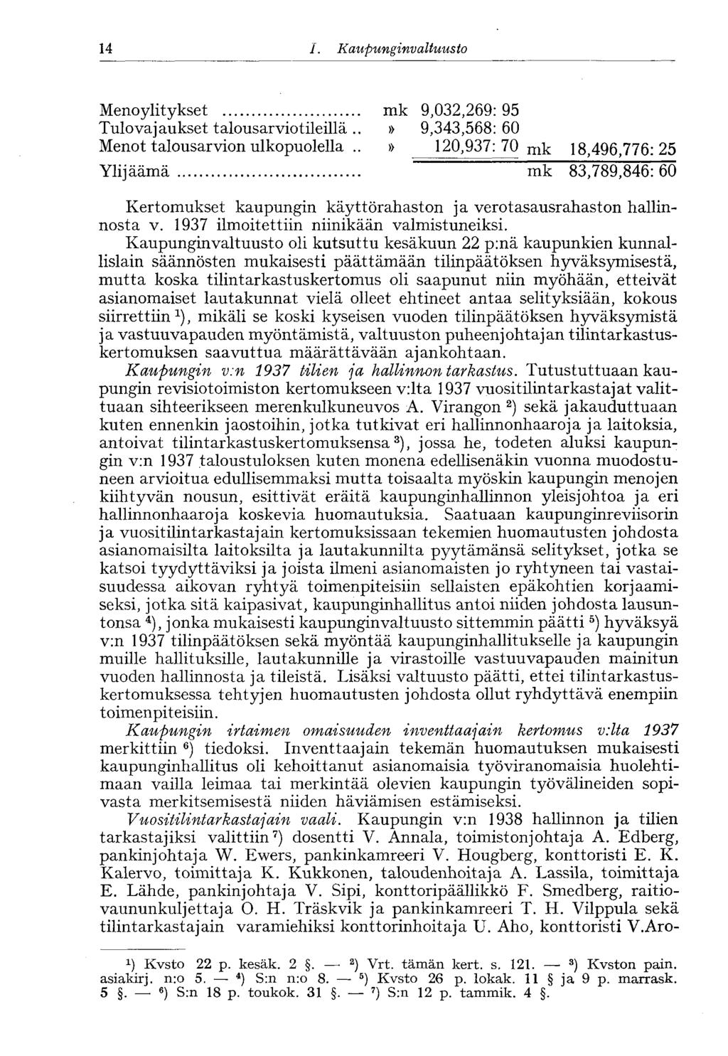 14 /., Kaupunginvaltuusto 14 Menoylitykset mk 9,032,269: 95 Tulovajaukset talousarviotileillä..» 9,343,568: 60 Menot talousarvion ulkopuolella.