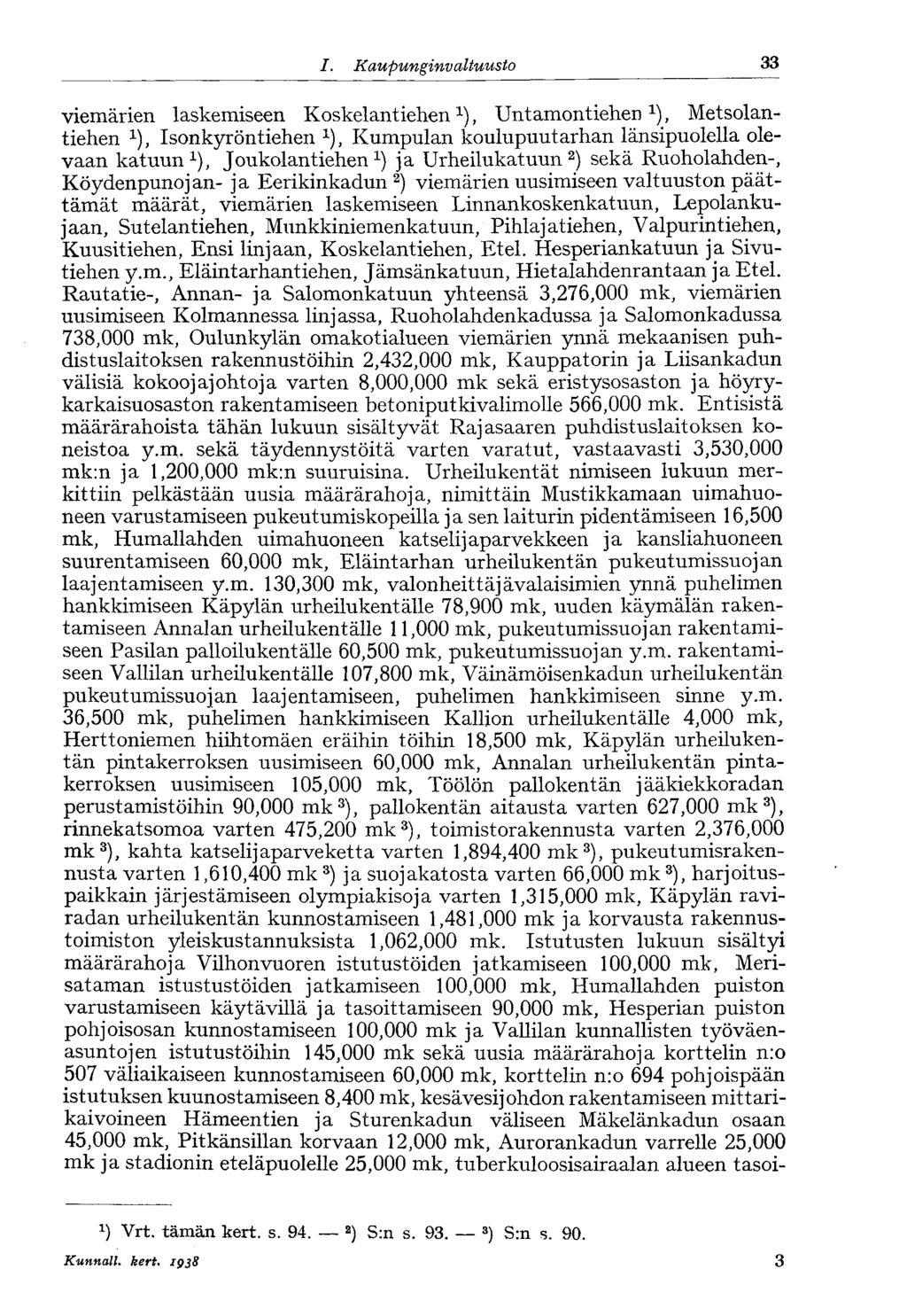 I. Kaupunginvaltuusto 33 viemärien laskemiseen Koskelantiehen 1 ), Untamontiehen 1 ) } Metsolantiehen x ), Isonkyröntiehen 1 ), Kumpulan koulupuutarhan länsipuolella olevaan katuun 1 ),