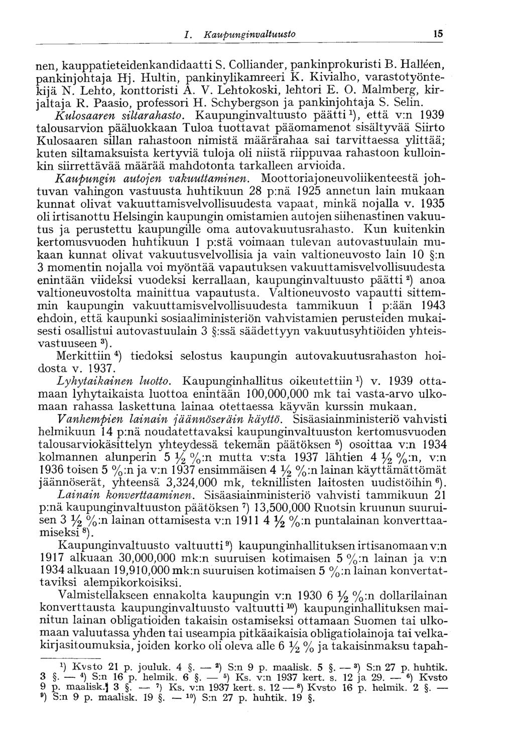 /., Kaupunginvaltuusto 15 nen, kauppatieteidenkandidaatti S. Colliander, pankinprokuristi B. Halleen, pankinjohtaja Hj. Hultin, pankinylikamreeri K. Kivialho, varastotyöntekijä N.