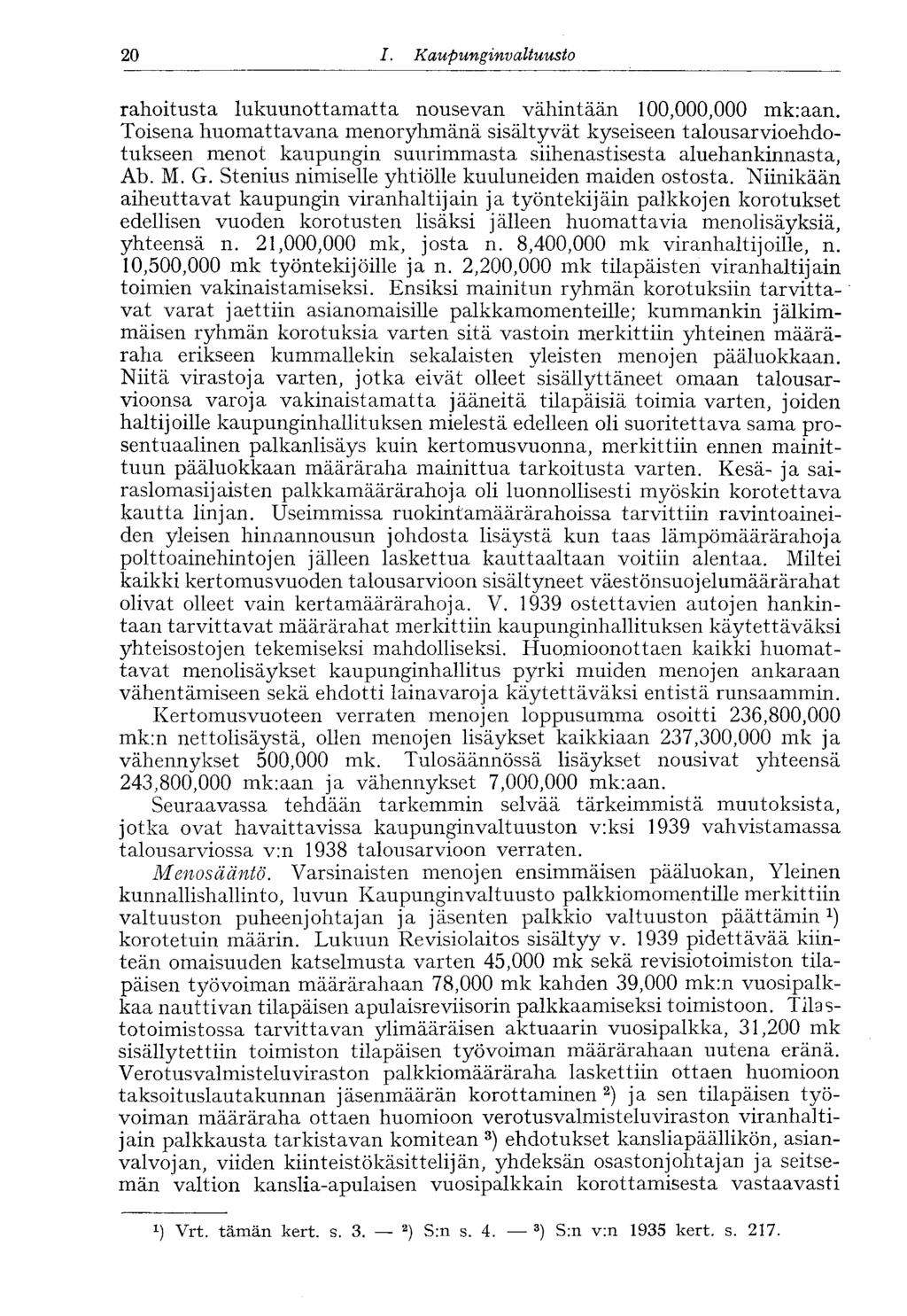 20 I. Kaupunginvaltuusto rahoitusta lukuunottamatta nousevan vähintään 100,000,000 mk:aan.
