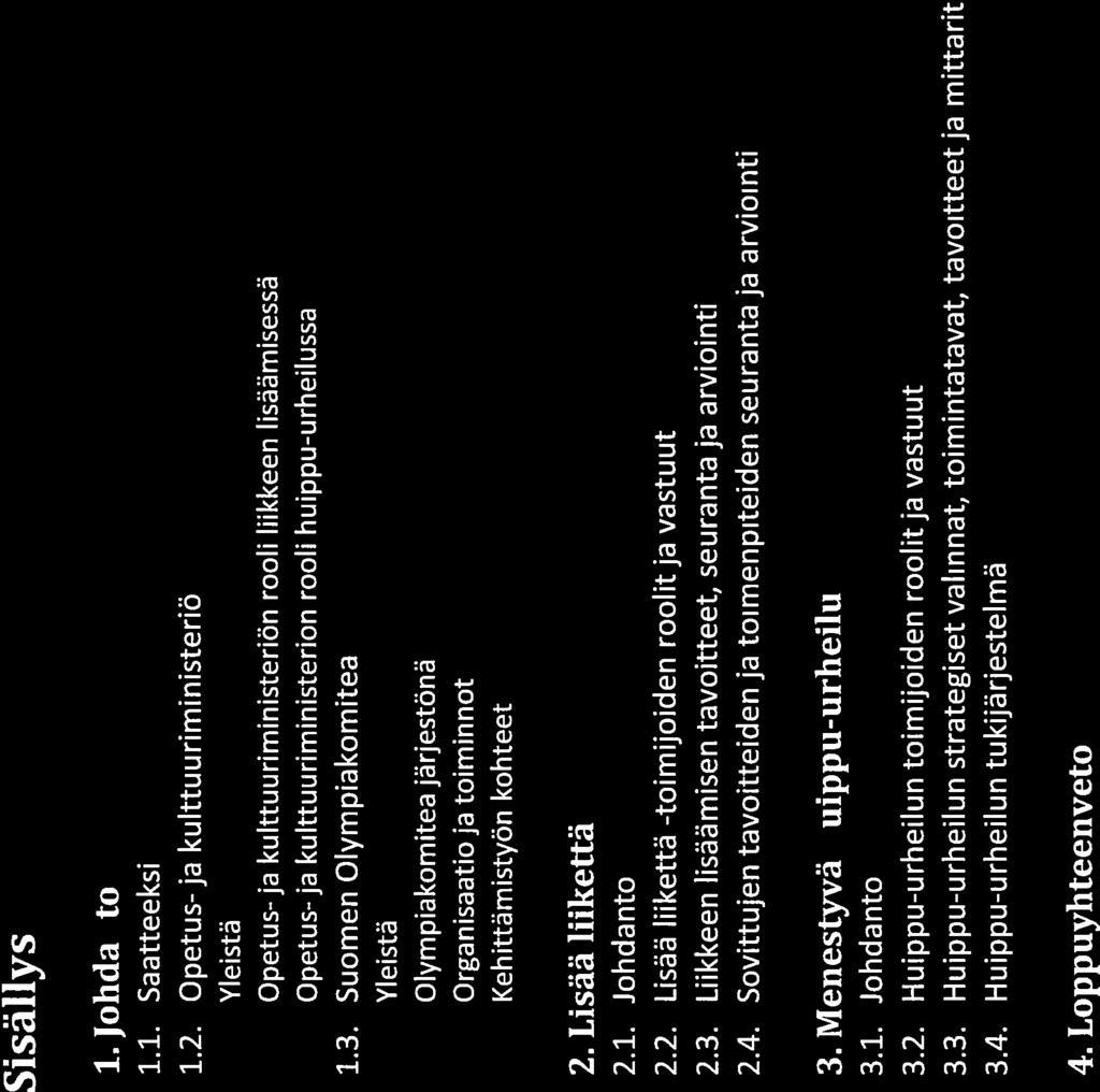 Sisällys 1. Johdanto 1.1. Saatteeksi 1.2. Opetus-ja kulttuuriministeriö Yleistä Opetus- ja kulttuuriministeriön rooli liikkeen lisäämisessä Opetus- ja kulttuuriministeriön rooli huippu-urheilussa 1.3.