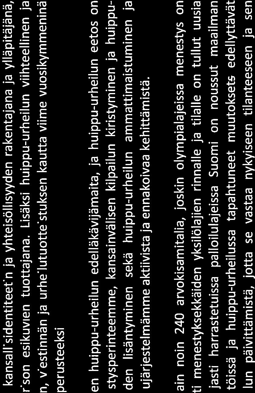 perusteeksi. Suomi on historiallisesti ollut kansainvälisen huippu-urheilun edelläkävijämaita, ja huippu-urheilun eetos on Suomessa ollut hyvin vahva.