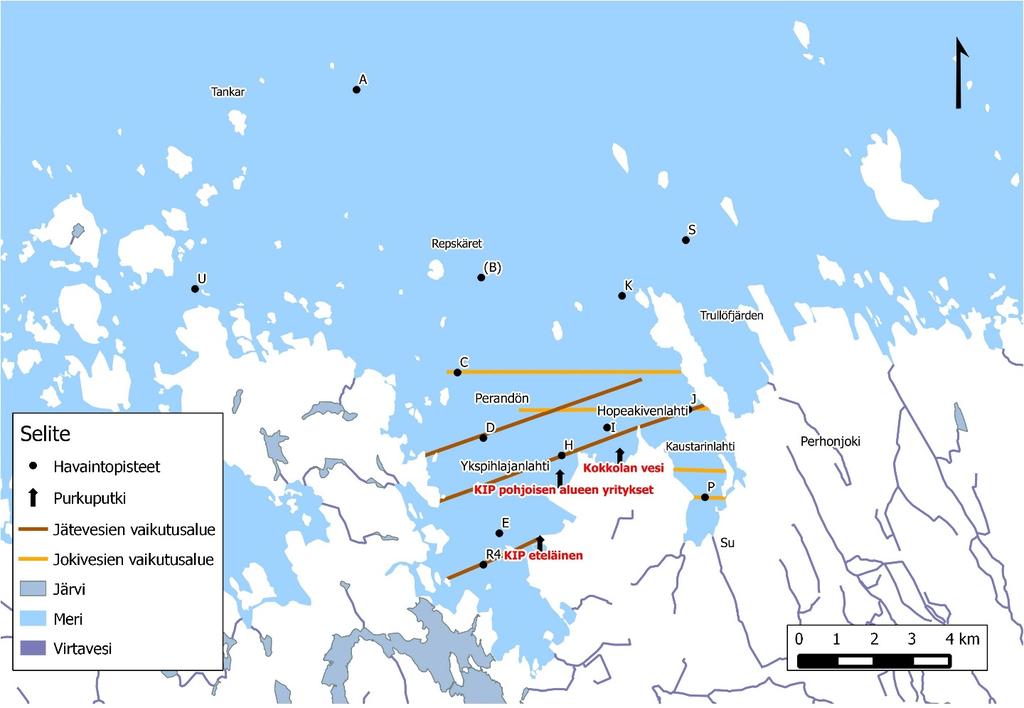 11 Kuva 7. Pintaveden (1 m) laadun perusteella arvioidut joki- ja jätevesien leviämisalueet maaliskuussa 214. Sisältää Maanmittauslaitoksen Maastotietokannan 4/214 aineistoa.