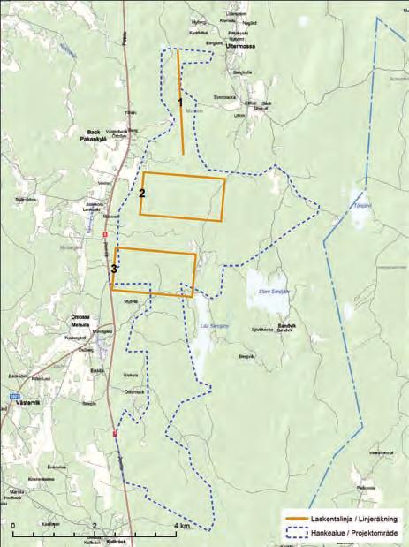 METSÄLÄN TUULIVOIMAPUISTOALUEEN LINNUSTOSELVITYS 3 Kuvat ja 3. Metsälän hankealueen laskentalinjat (vasen) sekä pistelaskennoissa käytetty tuulivoimaloiden sijoituspaikkojen numerointi (oikea kuva).