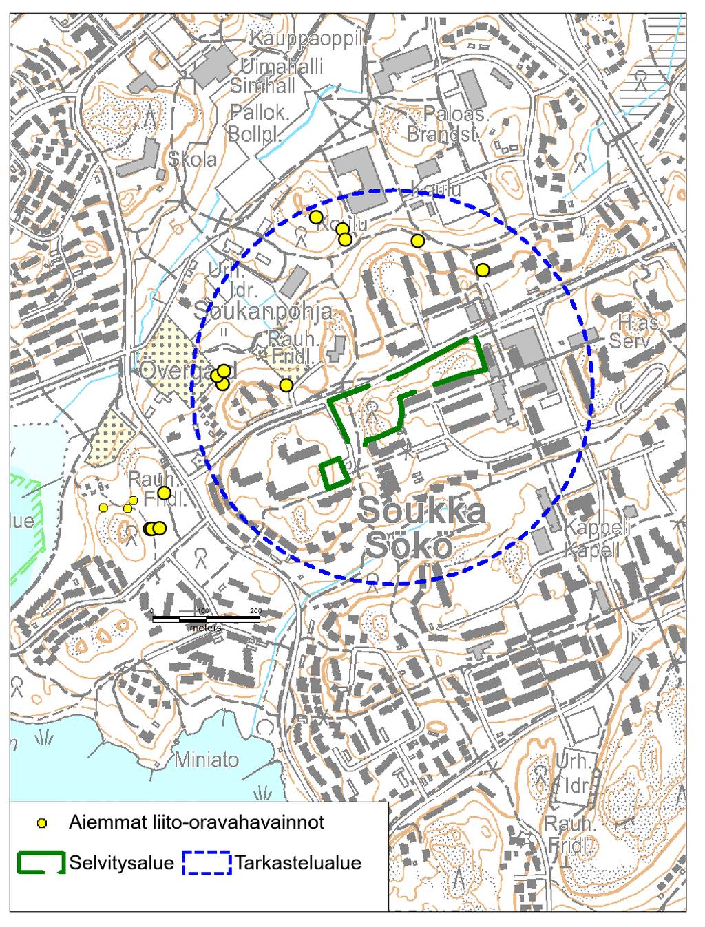 Kartta 1 Soukan selvitysalue vihreällä ja tarkastelualue sinisellä ympyrällä. Pisteet osoittavat aiemmin tehtyjä liito-oravahavaintoja. 3 Kartoitusmenetelmät 3.