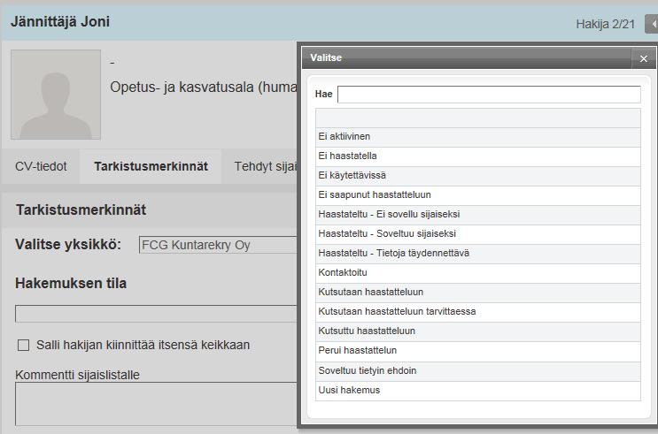 Tässä näkymässä voidaan lukea hakijan tietoja ja mikäli hän vaikuttaa sopivalta ehdokkaalta sijaiseksi organisaatioon, hänet voidaan kutsua haastatteluun.