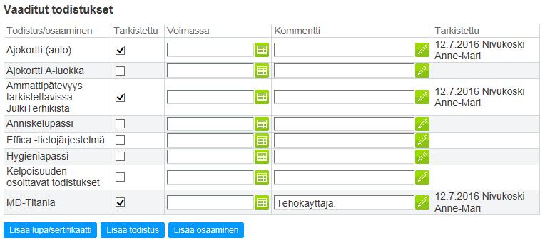 Hakijan todistukset, luvat ja sertifikaatit sekä osaamiset pystytään myös tarkastamaan tässä näkymässä. Tarkastus tapahtuu merkitsemällä rasti Tarkastettu -ruutuun.