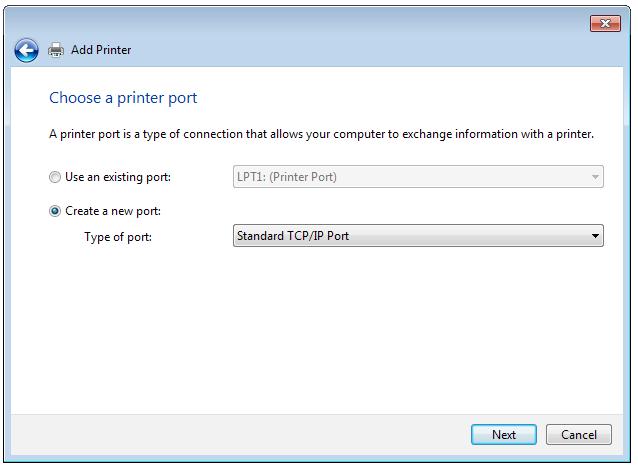 3. Valitse Create a new port (Luo uusi portti) ja aseta sitten Type of Port