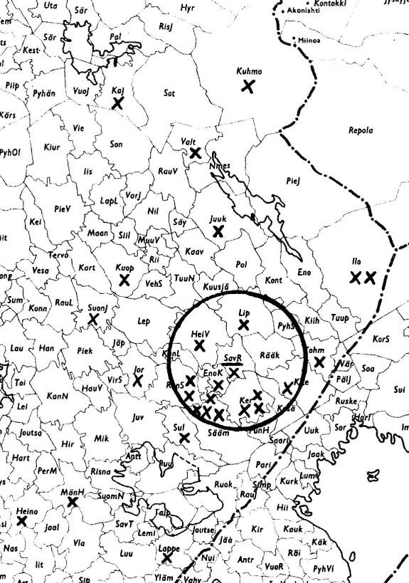 Kartassa 4 esitetään informanttien pitäjävastaukset Savonrannan näytteeseen.