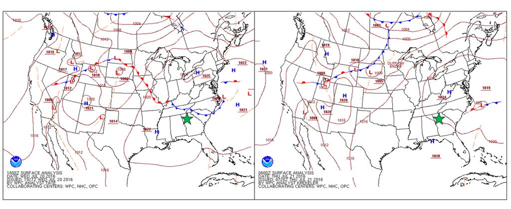 (Weather Prediction Center 2017) Pinta-analyysikarttojen sekä lentokentän lähellä sijaitsevan Peachtree Cityn radioluotauksien (University of Wyoming 2017) perusteella tutkimusajankohdan aikana