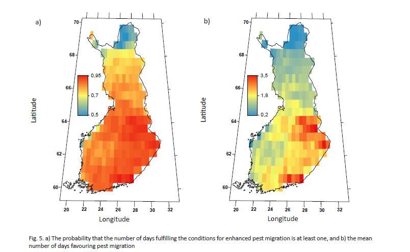 Hyönteismigraatio-olosuhteet /lämpimät eteläiset tuulet keväällä tuulensuunta 90-270 astetta, keskilämpötila > 0 ºC päivän ylin lämpötila 5 ºC normaalin yläpuolella 11