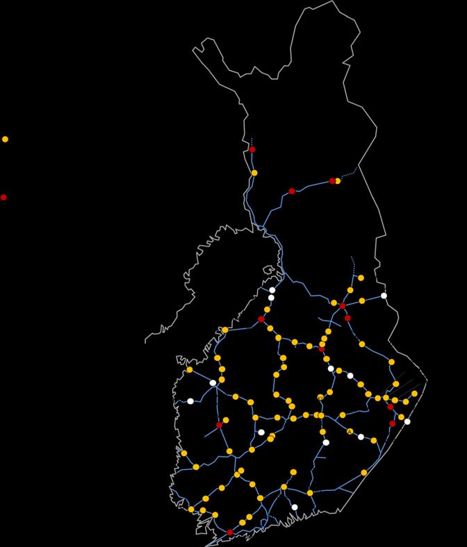 Nykyisin käytettävät rataverkon raakapuun kuormauspaikat Vuonna 2016