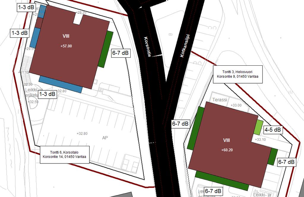 Asemakaavan muutos: 9 (tontti 3, Helosvuori) ja 14 (tontti 6, Korsotalo), Vantaa Kuva 3. Parvekkeiden lasituksen ääneneristävyysvaatimukset.