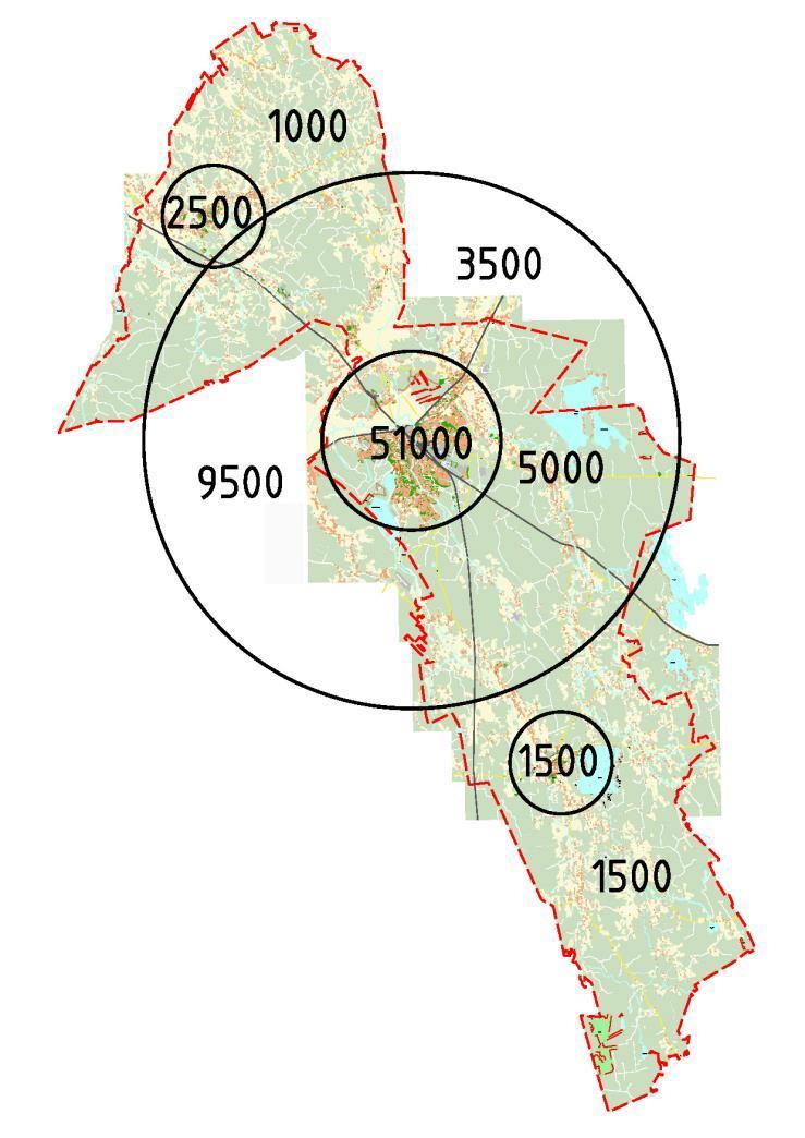 7 km 51 000 asukasta 21 km 69 000 asukasta 42 km 125000 asukasta Seinäjoen