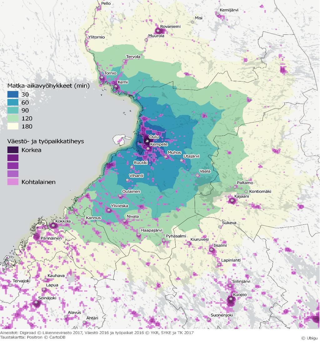 Oulun laaja vaikutusalue matka-aikavyöhykkeen