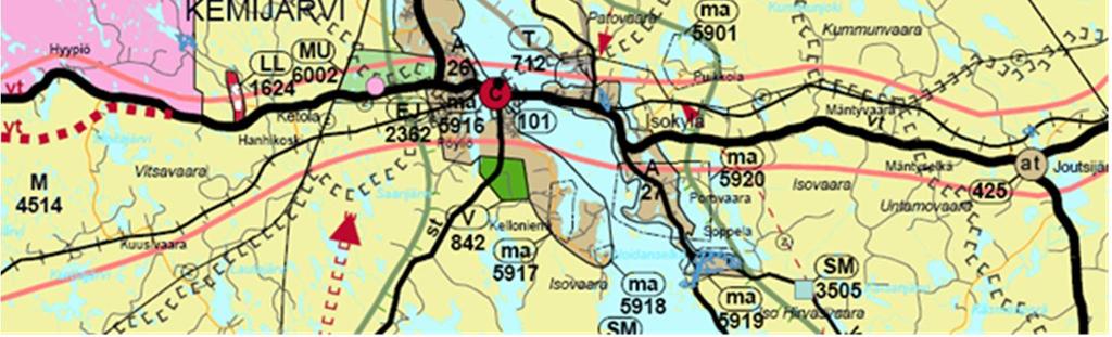 pienempiä liikenneväyläalueita, virkistys- ja puistoalueita sekä erityisalueita.