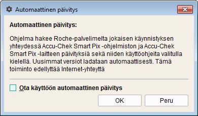 Luku 3, Ohjelmiston käynnistys ja asetukset Automaattinen päivitys Kun tämä toiminto on käytössä, Accu-Chek Smart Pix -ohjelmisto tarkistaa jokaisen ohjelmakäynnistyksen yhteydessä automaattisesti,